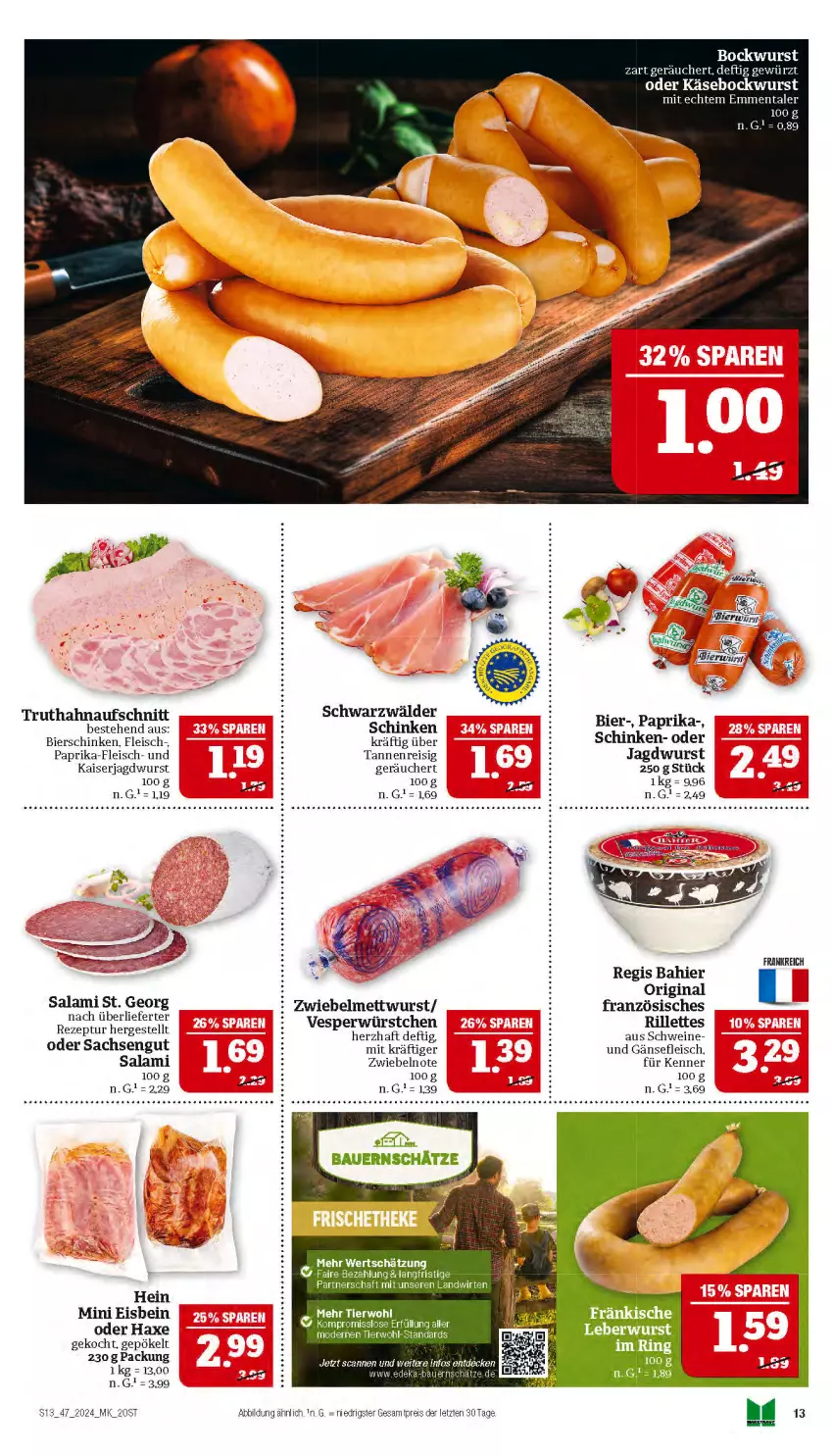 Aktueller Prospekt Marktkauf - Prospekt - von 17.11 bis 23.11.2024 - strona 13 - produkty: auer, aufschnitt, axe, Bau, Bauer, bier, bierschinken, bockwurst, cin, decke, deka, eis, emmentaler, ente, fleisch, gin, Haxe, jagdwurst, Kaiser, Käse, Mett, mettwurst, Mode, paprika, reis, ring, sac, salami, sauce, schinken, schwein, schweine, tee, Ti, truthahn, wein, weine, wurst, würstchen, ZTE, zwiebel, zwiebelmettwurst, zwiebeln