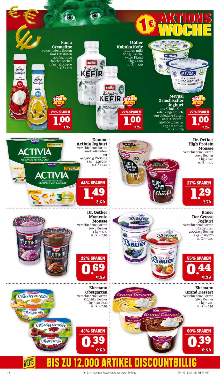 Aktueller Prospekt Marktkauf - Prospekt - von 17.11 bis 23.11.2024 - strona 14 - produkty: activia, activia joghurt, auer, Bau, Bauer, Becher, creme, danone, danone activia, dessert, Dr. Oetker, ehrmann, Ehrmann Grand Dessert, eis, ente, Garten, gin, joghur, joghurt, Kefir, mousse, Müller, natur, obst, obstgarten, rama, rama cremefine, reis, sahne, Ti, vita, Yo, ZTE