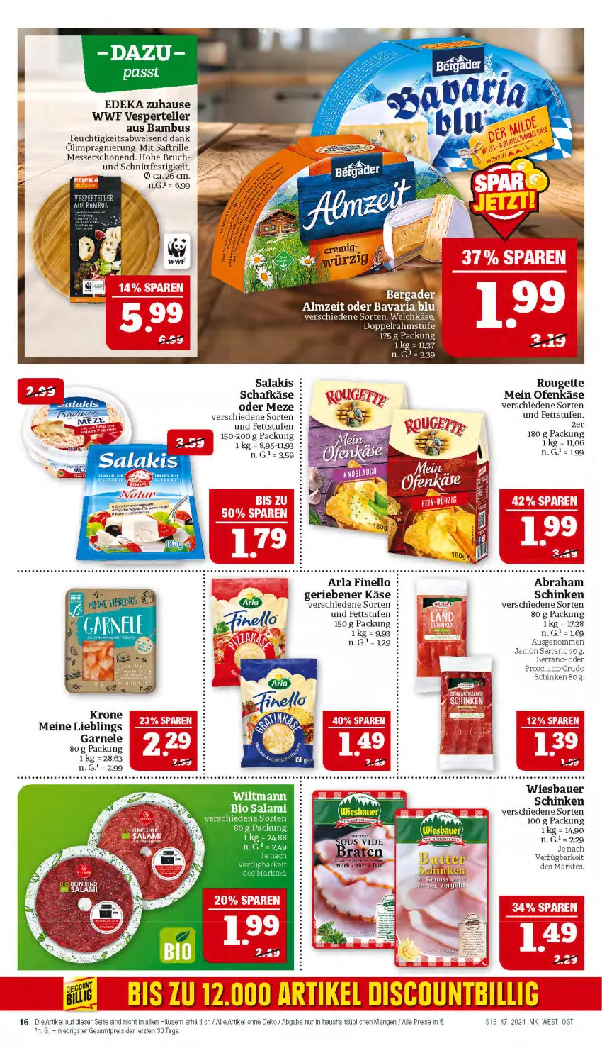 Aktueller Prospekt Marktkauf - Prospekt - von 17.11 bis 23.11.2024 - strona 16 - produkty: arla, auer, bambus, Bau, Bauer, deka, discount, eis, elle, finello, Käse, krone, messer, Ofen, Ofenkäse, prosciutto, prosciutto crudo, reis, rouge, rougette, saft, salakis, schafkäse, schinken, serrano, teller, Ti, weichkäse, wiesbauer, ZTE