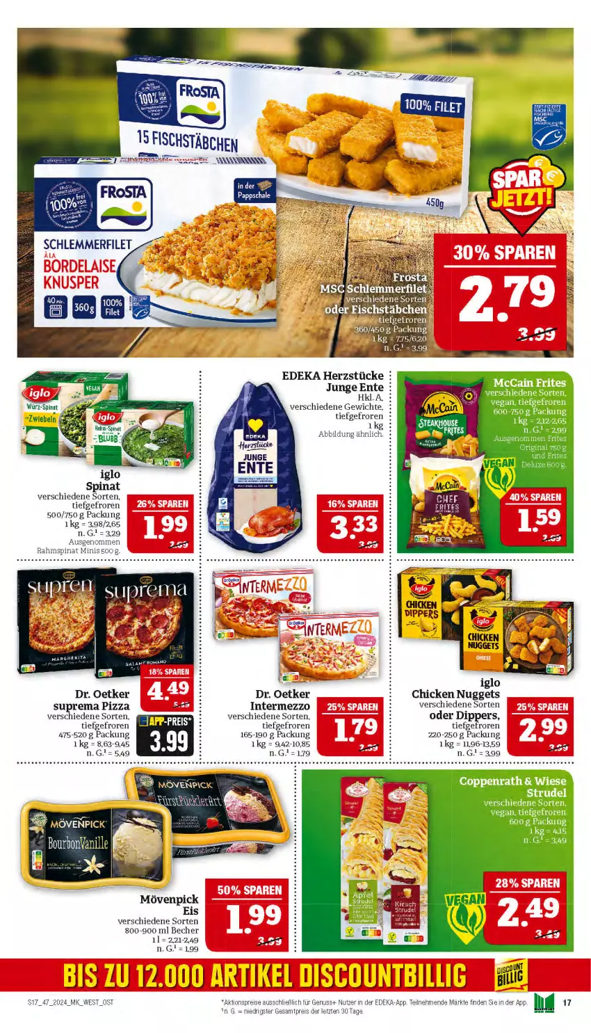 Aktueller Prospekt Marktkauf - Prospekt - von 17.11 bis 23.11.2024 - strona 17 - produkty: aktionspreis, Becher, chicken nuggets, coppenrath, deka, dip, discount, Dr. Oetker, eis, elle, ente, fisch, fischstäbchen, iglo, intermezzo, mövenpick, mövenpick eis, nuggets, nuss, pizza, reis, spinat, Ti, ZTE