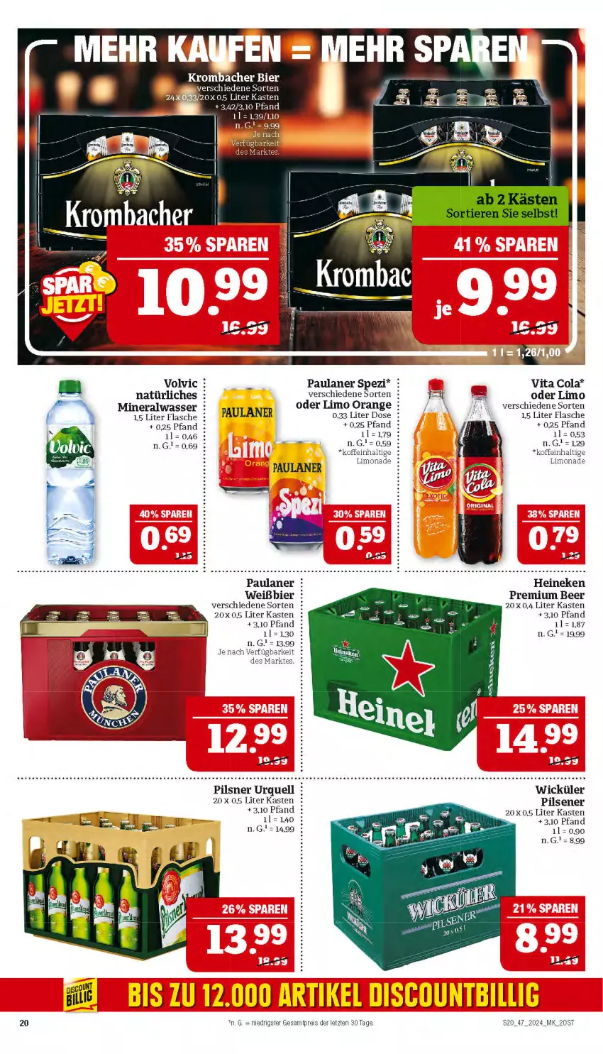 Aktueller Prospekt Marktkauf - Prospekt - von 17.11 bis 23.11.2024 - strona 20 - produkty: Alwa, bier, cola, discount, eis, flasche, heineken, krombache, krombacher, limo, limonade, mineralwasser, orange, Paula, paulaner, pils, pilsener, pilsner, pilsner urquell, reis, Spezi, Ti, vita, Vita C, volvic, wasser, WICK, ZTE