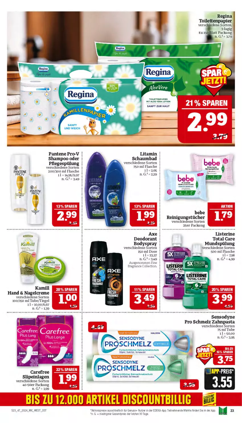 Aktueller Prospekt Marktkauf - Prospekt - von 17.11 bis 23.11.2024 - strona 23 - produkty: aktionspreis, aloe vera, axe, Bad, Bebe, body, bodyspray, carefree, creme, deka, deo, deodorant, discount, eis, erde, flasche, gin, listerine, Lotion, mundspülung, nuss, pantene, pantene pro-v, papier, pasta, Pflegespülung, pro-v, Reinigung, reinigungstücher, reis, schaumbad, sensodyne, shampoo, slip, slipeinlagen, spülung, Ti, toilettenpapier, total care, tücher, zahnpasta, ZTE