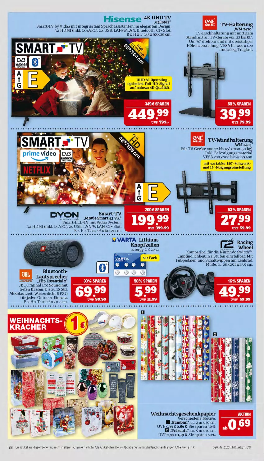 Aktueller Prospekt Marktkauf - Prospekt - von 17.11 bis 23.11.2024 - strona 26 - produkty: akku, Bebe, cin, dyon, eis, elle, ente, Geschenkpapier, gin, HDMI, hisense, lautsprecher, nintendo, Nintendo Switch, papier, reis, Ria, Schal, Signal, Ti, tisch, uhd, usb, varta, wandhalterung, wasser, Yo