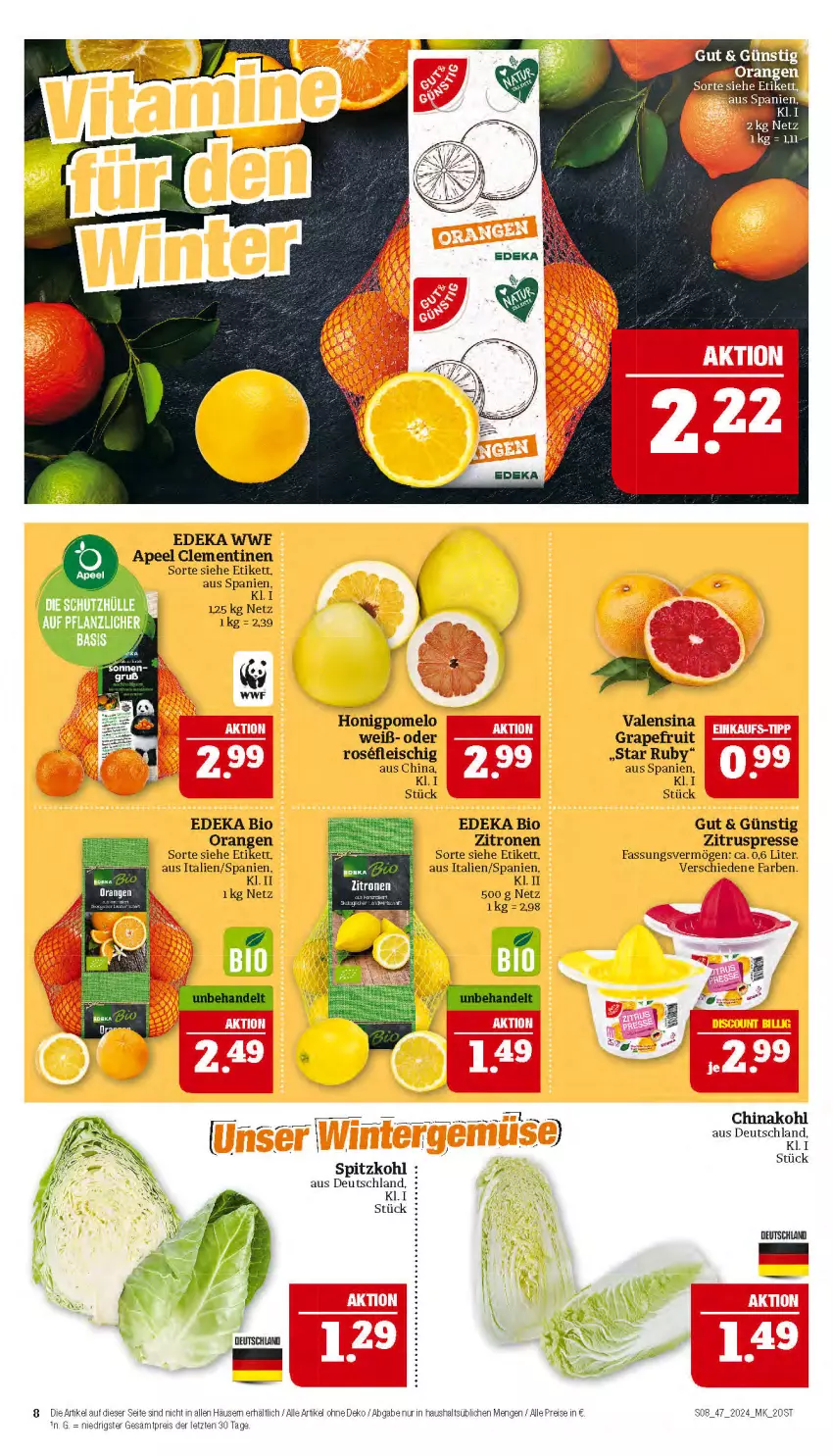 Aktueller Prospekt Marktkauf - Prospekt - von 17.11 bis 23.11.2024 - strona 8 - produkty: bio, clementinen, deka, edeka bio, eis, fleisch, grapefruit, honig, Honigpomelo, orange, orangen, Pomelo, reis, spitzkohl, Ti, valensina, zitrone, zitronen, Zitruspresse, ZTE