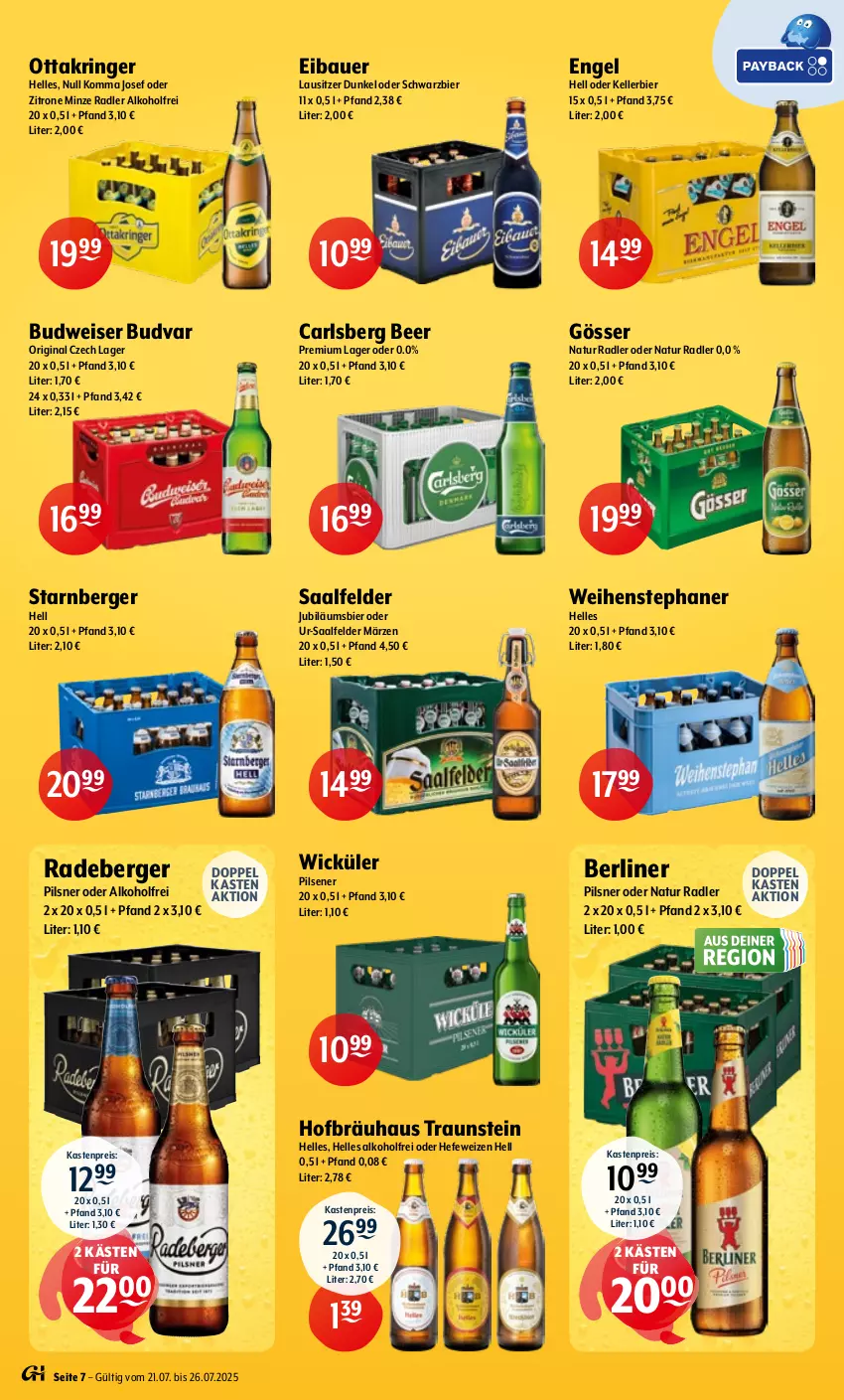 Aktueller Prospekt Getraenke Hoffmann - Prospekte - von 21.07 bis 26.07.2025 - strona 7 - produkty: alkohol, auer, Bau, Bauer, Berger, berliner, bier, budweiser, carlsberg, carlsberg beer, eis, elle, Engel, gin, gösser, Hefe, hefeweizen, Jubiläums, kellerbier, minze, natur, natur radler, Ottakringer, pils, pilsener, pilsner, radeberger, radeberger pilsner, radler, reis, ring, Saalfelder, Ti, weihenstephan, WICK, zitrone