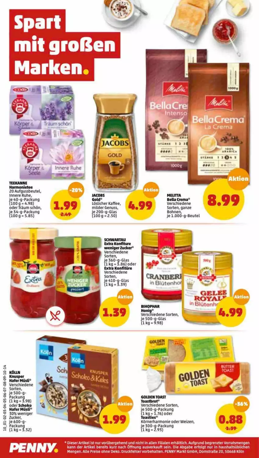 Aktueller Prospekt Penny - Prospekte - von 24.01 bis 29.01.2022 - strona 10 - produkty: asti, beutel, bohne, bohnen, brot, golden toast, hafer, kaffee, konfitüre, löslicher kaffee, melitta, müsli, nuss, Ria, schoko, Schwartau, tee, teekanne, Ti, toast, Toastbrot, zucker