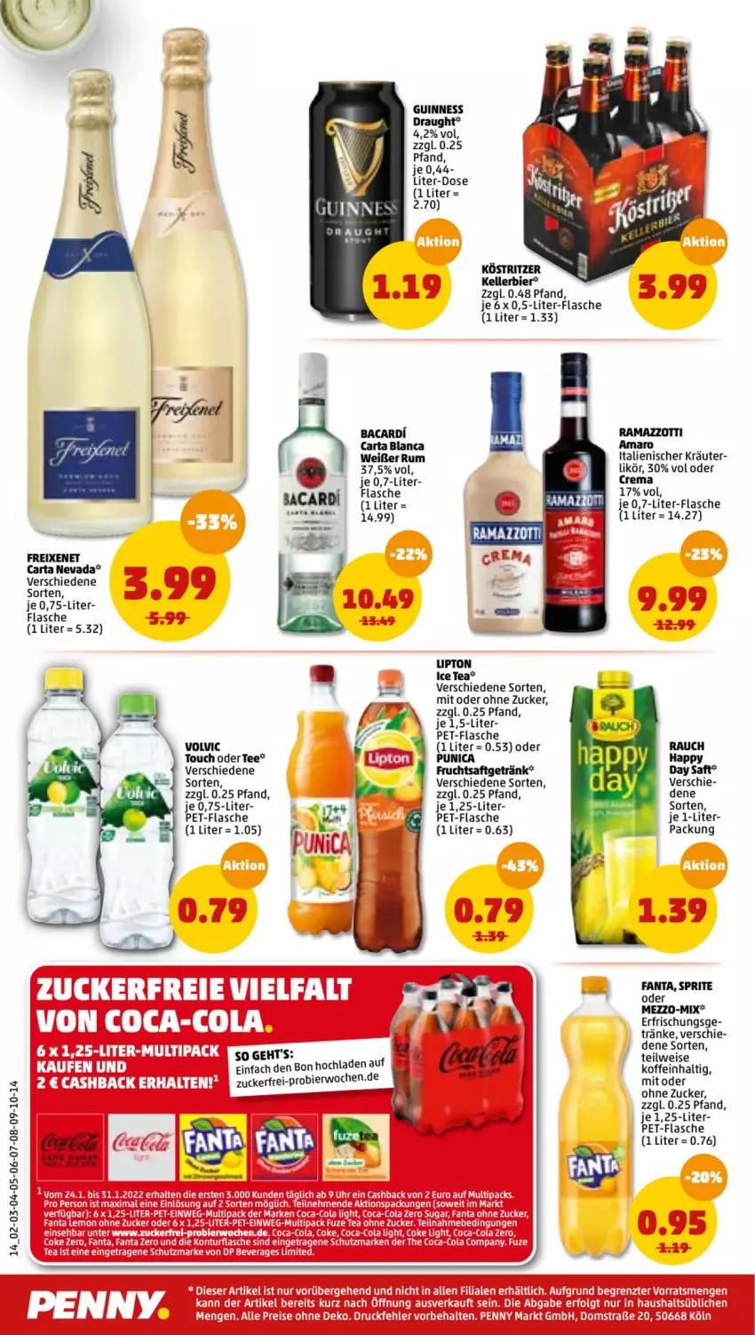 Aktueller Prospekt Penny - Prospekte - von 24.01 bis 29.01.2022 - strona 14 - produkty: amaro, bacardi, Bau, bier, eis, elle, fanta, flasche, frucht, fruchtsaft, fruchtsaftgetränk, getränk, Guinness, Happy Day, ice tea, kellerbier, kräuter, LG, likör, lipton, lipton ice tea, pet-flasche, punica, rama, ramazzott, ramazzotti, Rauch, rum, sac, saft, sprite, tee, Ti, volvic, zott, ZTE, zucker