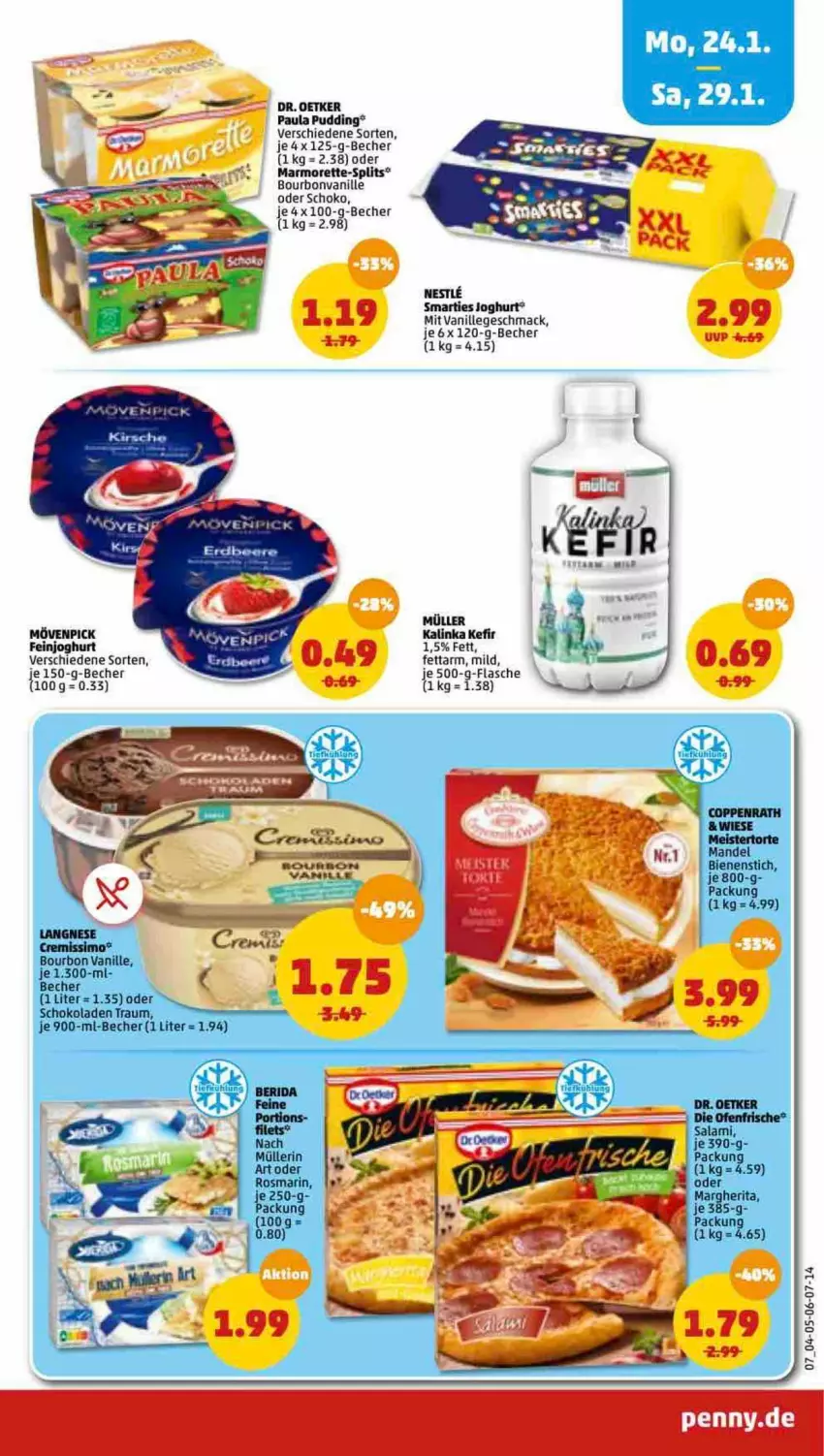 Aktueller Prospekt Penny - Prospekte - von 24.01 bis 29.01.2022 - strona 7 - produkty: Becher, bourbon, bourbon vanille, bourbonvanille, die ofenfrische, Dr. Oetker, feinjoghurt, flasche, joghur, joghurt, Kefir, mac, margherita, marmorette, mövenpick, Müller, müllerin art, Ofen, Paula, paula pudding, pudding, rosmarin, salami, schoko, schokolade, schokoladen, smarties, Ti, uhr, vanille