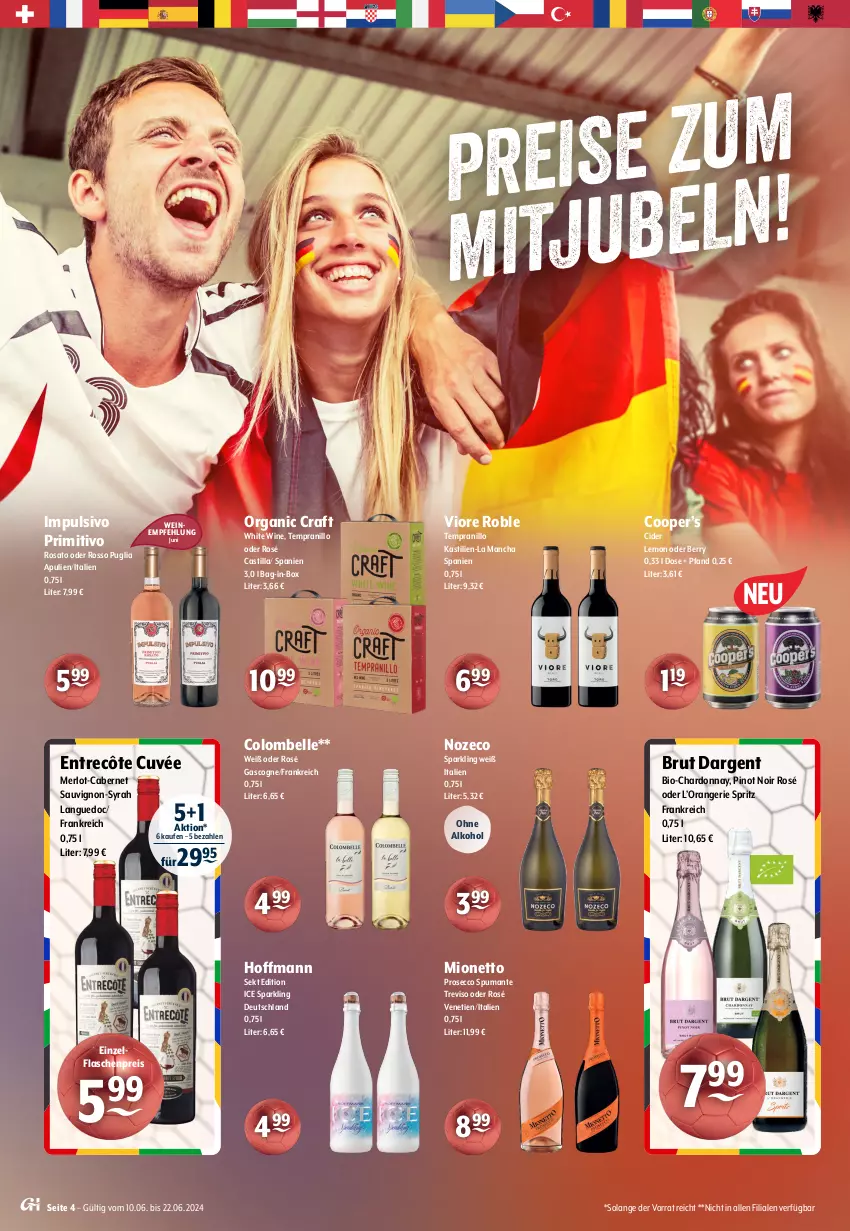 Aktueller Prospekt Getraenke Hoffmann - Prospekte - von 10.06 bis 22.06.2024 - strona 4 - produkty: alkohol, asti, bag-in-box, bio, brut, brut dargent, cabernet, cabernet sauvignon, chardonnay, cider, cuvée, ecco, eis, elle, entrecôte, flasche, merl, merlot, mionetto, ohne alkohol, orange, Organic Craft, Pinot, pinot noir, primitivo, prosecco, puma, reis, rosato, sauvignon, sekt, spumante, tempranillo, Ti, wein, weine