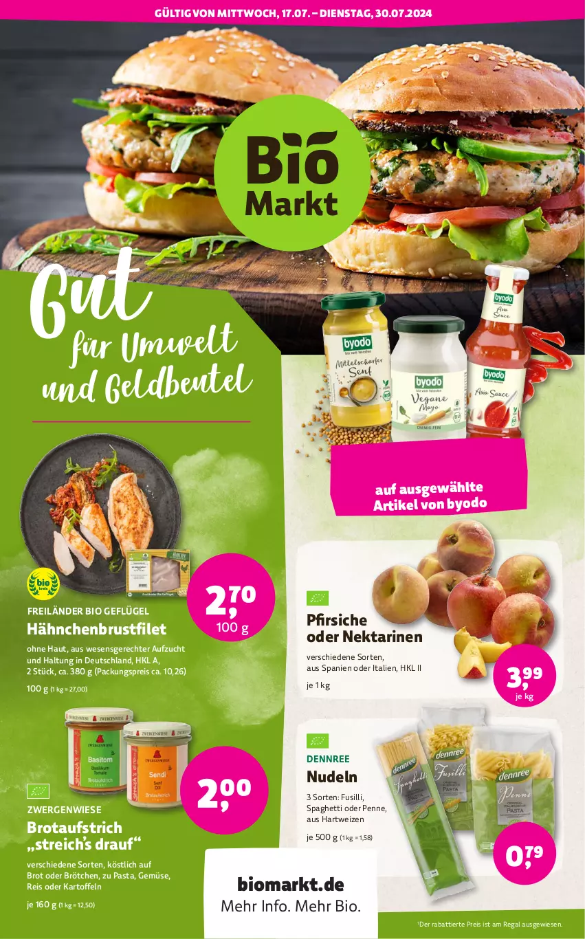 Aktueller Prospekt Denns Biomarkt - von 17.07 bis 30.07.2024 - strona 1 - produkty: aufstrich, beutel, bio, brot, brotaufstrich, brötchen, brustfilet, dennree, eis, filet, fusilli, Geflügel, hähnchenbrust, hähnchenbrustfilet, hartweizen, kartoffel, kartoffeln, Nektar, nektarinen, nudel, nudeln, pasta, penne, pfirsich, pfirsiche, pfirsiche oder, regal, reis, spaghetti, Ti, Yo