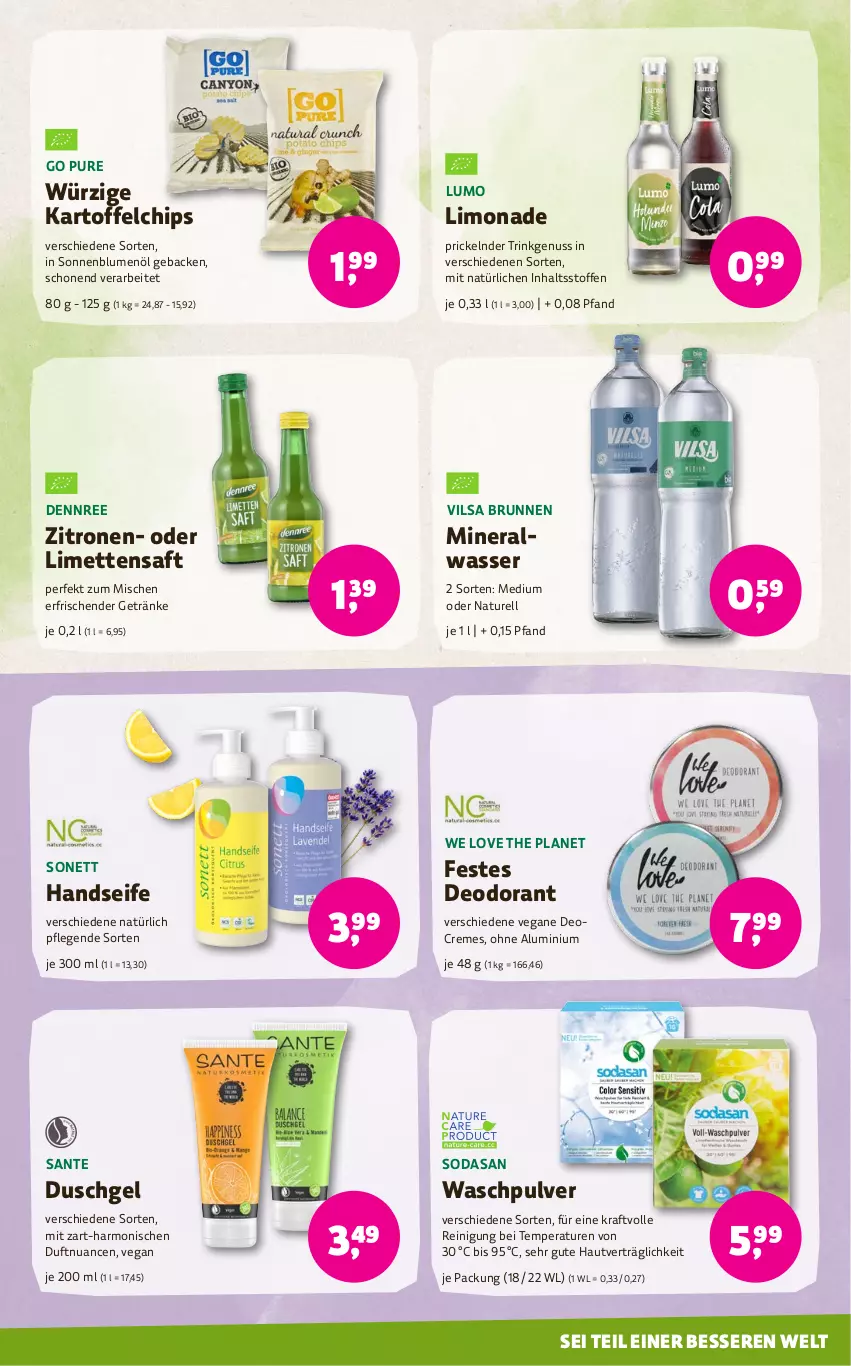 Aktueller Prospekt Denns Biomarkt - von 17.07 bis 30.07.2024 - strona 13 - produkty: Alwa, blume, blumen, blumenöl, brunnen, chips, creme, dennree, deo, Deocreme, deodorant, duschgel, geback, getränk, getränke, Handseife, HP, kartoffel, kartoffelchips, kraft, limette, limetten, limo, limonade, Mett, metten, mineralwasser, natur, Nuance, nuss, Reinigung, rel, saft, SANTE, Seife, Soda, sonnenblume, sonnenblumen, sonnenblumenöl, vilsa, Waschpulver, wasser, zitrone, zitronen