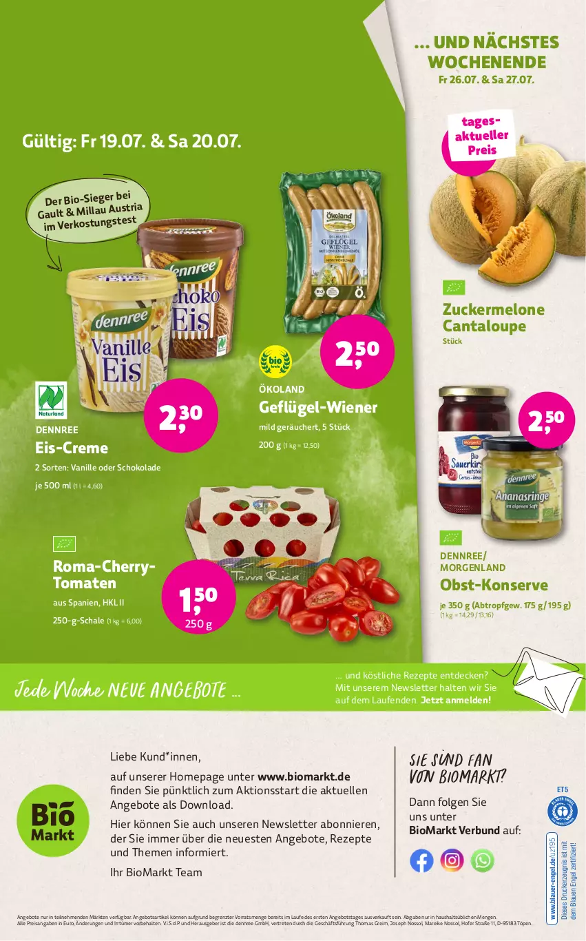 Aktueller Prospekt Denns Biomarkt - von 17.07 bis 30.07.2024 - strona 14 - produkty: angebot, angebote, auer, bio, cherrytomaten, creme, decke, dennree, drucker, eis, elle, Engel, Geflügel, kerze, Laufen, LG, melone, obst, Omep, reis, rezept, rezepte, Ria, Schal, Schale, schoko, schokolade, Ti, tomate, tomaten, vanille, wiener, ZTE, zucker