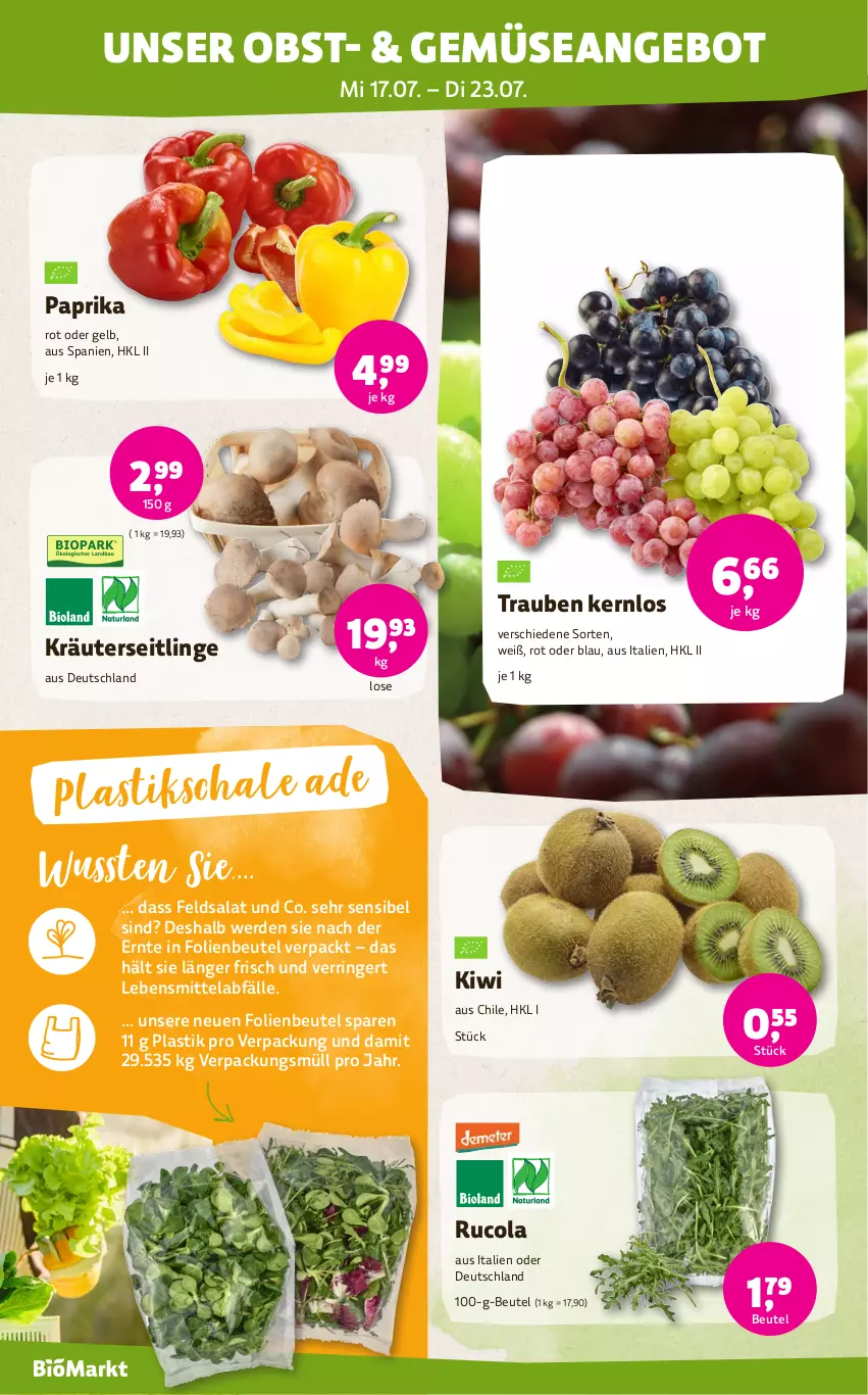 Aktueller Prospekt Denns Biomarkt - von 17.07 bis 30.07.2024 - strona 2 - produkty: angebot, asti, beutel, cola, erde, feldsalat, kiwi, kräuter, Kräuterseitlinge, lebensmittel, obst, paprika, paprika rot, ring, rucola, salat, Schal, Schale, Ti, trauben