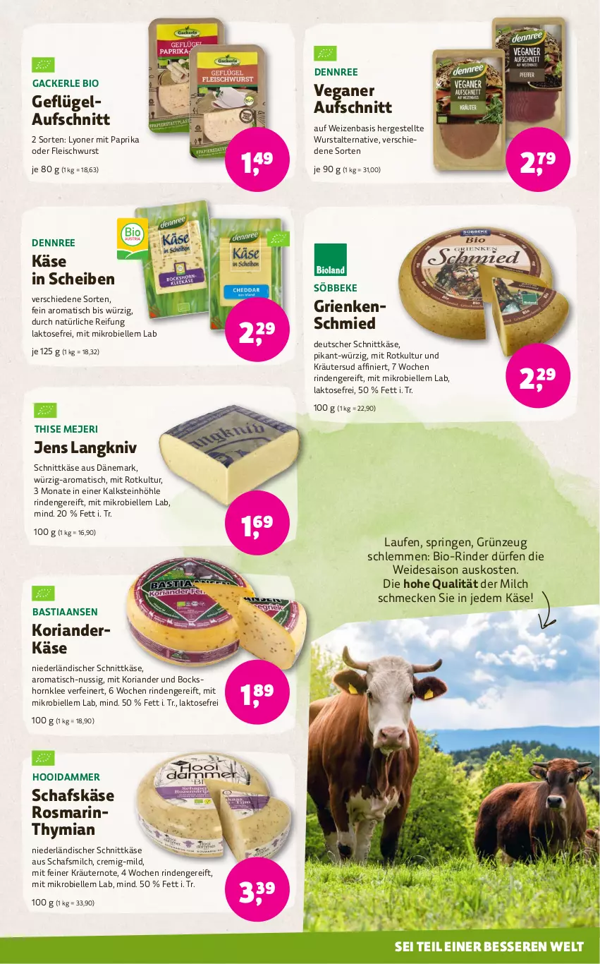 Aktueller Prospekt Denns Biomarkt - von 17.07 bis 30.07.2024 - strona 7 - produkty: asti, aufschnitt, bio, dennree, deutscher schnittkäse, eis, elle, fleisch, fleischwurst, Geflügel, Grienkenschmied, Käse, Koriander, kräuter, kräutern, Laufen, lyoner, milch, mit paprika, niederländischer schnittkäse, nuss, paprika, Ria, rind, rinder, ring, rosmarin, schafskäse, schnittkäse, söbbeke, Ti, tisch, wurst, Yo