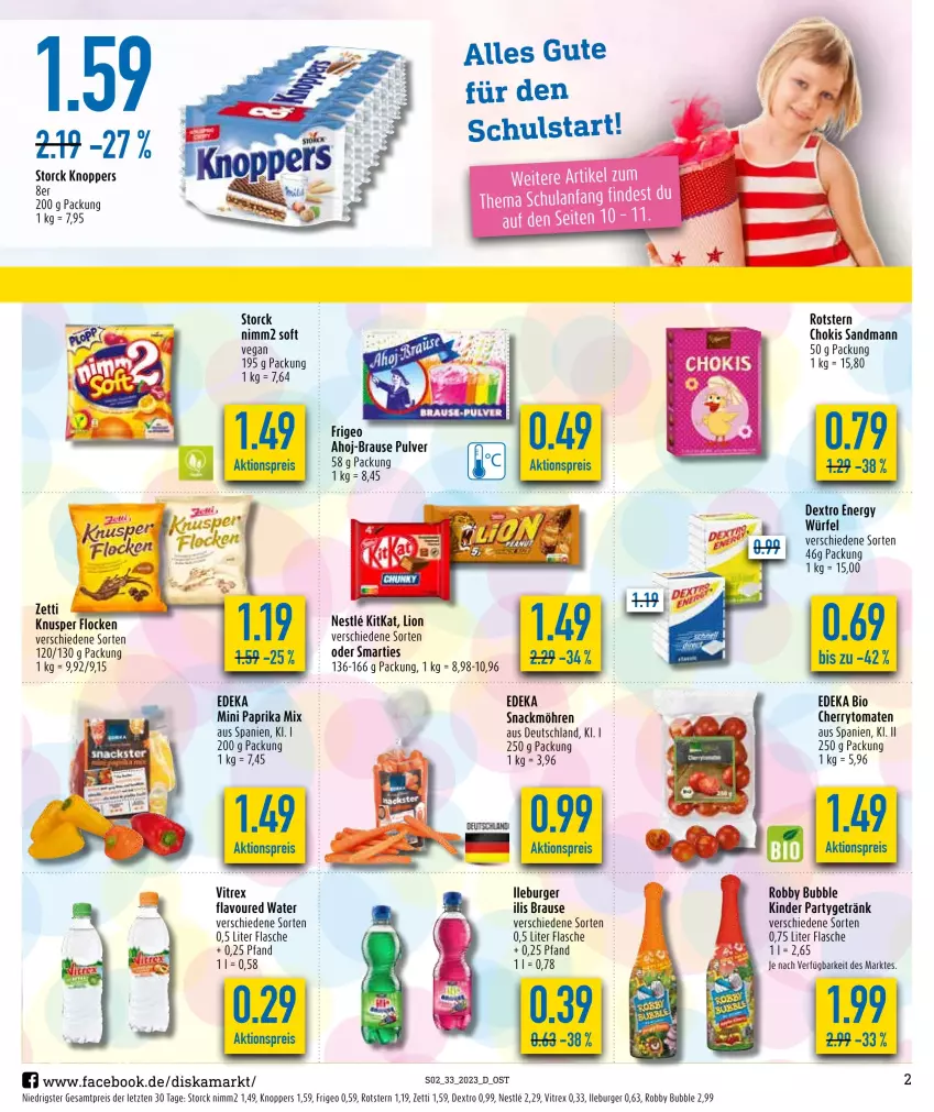 Aktueller Prospekt Diska - Prospekte - von 14.08 bis 19.08.2023 - strona 2 - produkty: ahoj-brause, aktionspreis, bio, brause, burger, cherrytomaten, deka, edeka bio, eis, flasche, getränk, Kinder, kitkat, knoppers, LG, lion, möhren, nimm2, paprika, reis, robby, snack, storck, Ti, tomate, tomaten, vitrex, würfel, ZTE