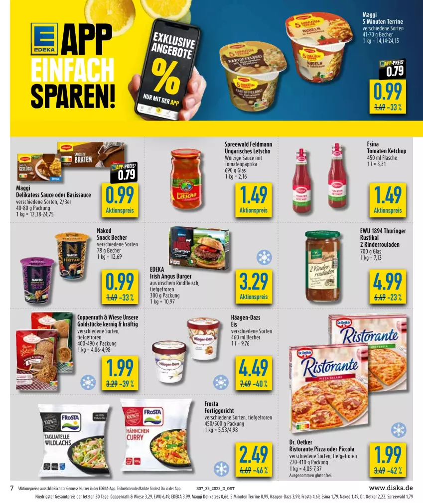 Aktueller Prospekt Diska - Prospekte - von 14.08 bis 19.08.2023 - strona 7 - produkty: aktionspreis, Becher, burger, cola, coppenrath, deka, delikatess sauce, Dr. Oetker, eis, fertiggericht, flasche, fleisch, frosta, Goldstücke, häagen-dazs, ketchup, Letscho, maggi, nuss, paprika, pizza, reis, rind, rinder, Rinderroulade, rinderrouladen, rindfleisch, ring, ristorante, ristorante pizza, rouladen, sauce, snack, terrine, Ti, tomate, tomaten, tomaten ketchup, ZTE