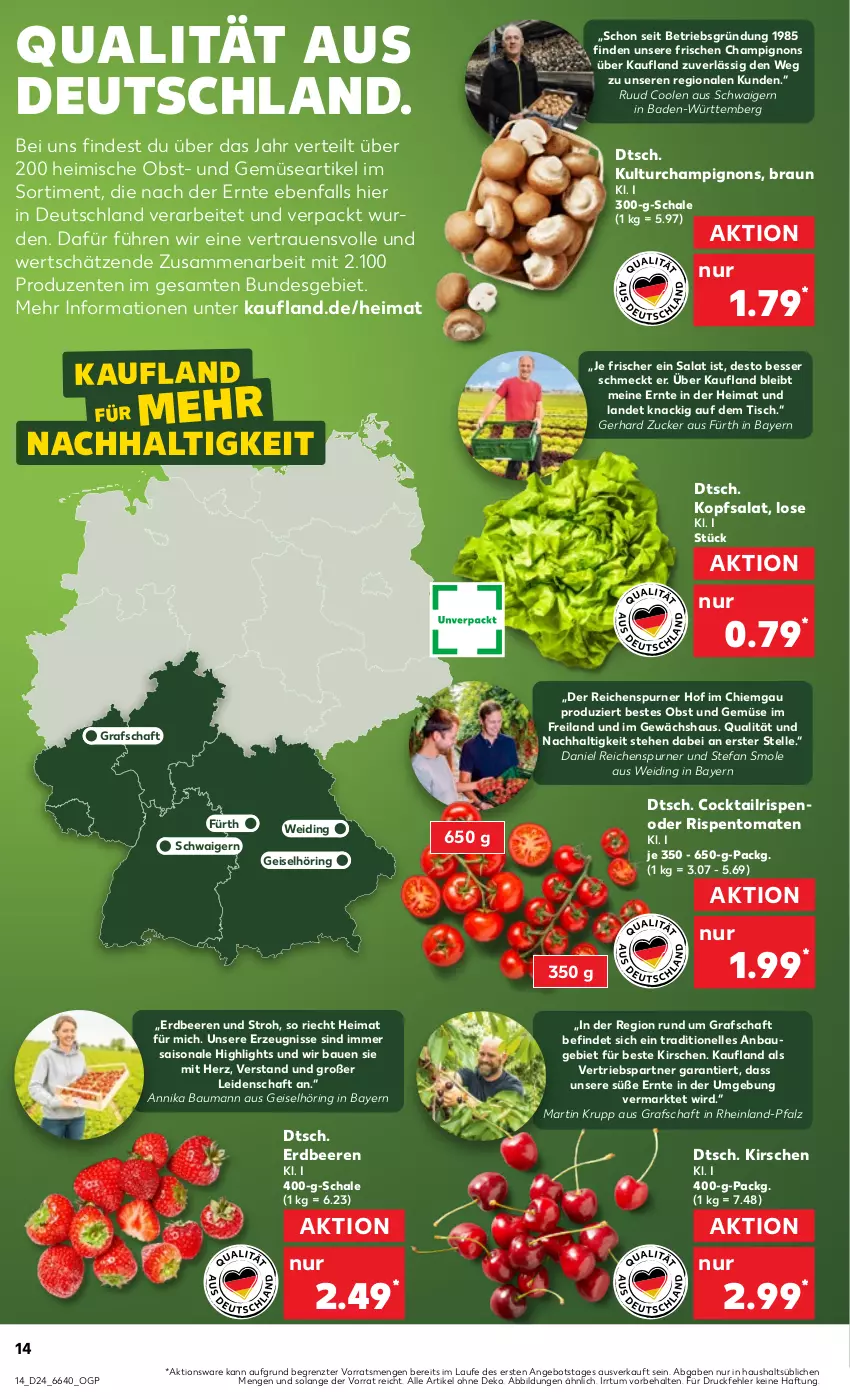 Aktueller Prospekt Kaufland - Prospekt - von 13.06 bis 19.06.2024 - strona 14 - produkty: angebot, Bad, Bau, beere, beeren, braun, champignon, champignons, cocktail, eis, elle, ente, erdbeere, erdbeeren, Gewächshaus, kirsch, kirsche, kirschen, kopfsalat, obst, Obst und Gemüse, ring, rispentomaten, salat, Schal, Schale, Ti, tisch, tomate, tomaten, und gemüse, ZTE, zucker