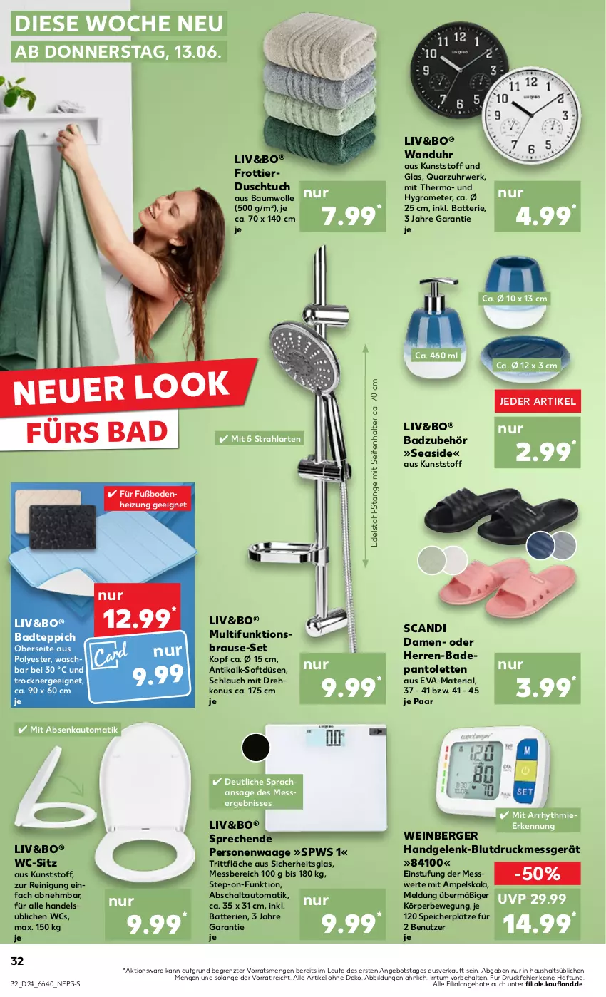 Aktueller Prospekt Kaufland - Prospekt - von 13.06 bis 19.06.2024 - strona 32 - produkty: angebot, angebote, auto, Bad, badteppich, batterie, batterien, Bau, baumwolle, Berger, Blutdruckmessgerät, brause, duschtuch, edelstahl, Ergee, Grom, Hygrometer, messer, pantolette, pantoletten, Personenwaag, personenwaage, Reinigung, Ria, rwe, Schal, schlauch, Seife, Seifenhalter, teppich, Ti, Trockner, tuc, uhr, Waage, wanduhr, wc-sitz, wein, wolle, ZTE