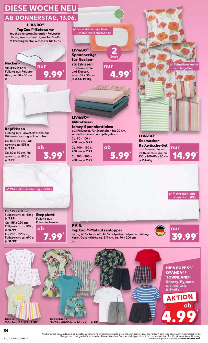 Aktueller Prospekt Kaufland - Prospekt - von 13.06 bis 19.06.2024 - strona 34 - produkty: angebot, angebote, Bau, baumwolle, bett, bettwäsche, bügel, Kinder, kissen, kopfkissen, LG, matratze, matratzen, Matratzentopper, mikrofaser, nackenstützkissen, Pyjama, seersucker, senf, shorty, shorty-pyjama, spannbettlaken, steppbett, Ti, topper, wolle, ZTE