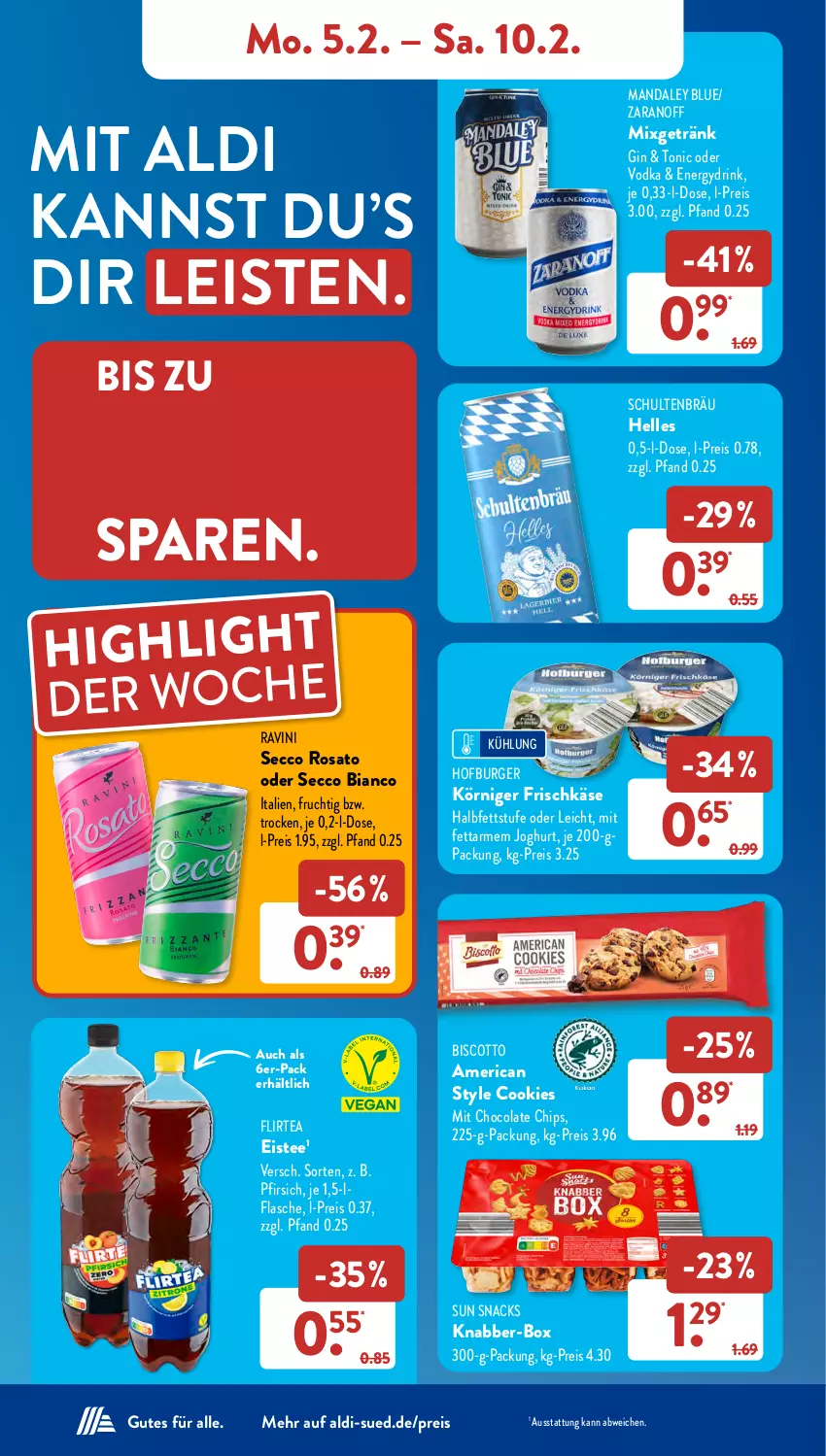 Aktueller Prospekt AldiSud - NÄCHSTE WOCHE - von 05.02 bis 10.02.2024 - strona 6 - produkty: aldi, biscotto, burger, chips, cola, cookie, cookies, drink, ecco, eis, eistee, elle, flasche, frischkäse, frucht, getränk, gin, joghur, joghurt, Käse, Körniger Frischkäse, Mixgetränk, pfirsich, reis, rosato, snack, snacks, Sun Snacks, tee, Ti, tonic, vodka