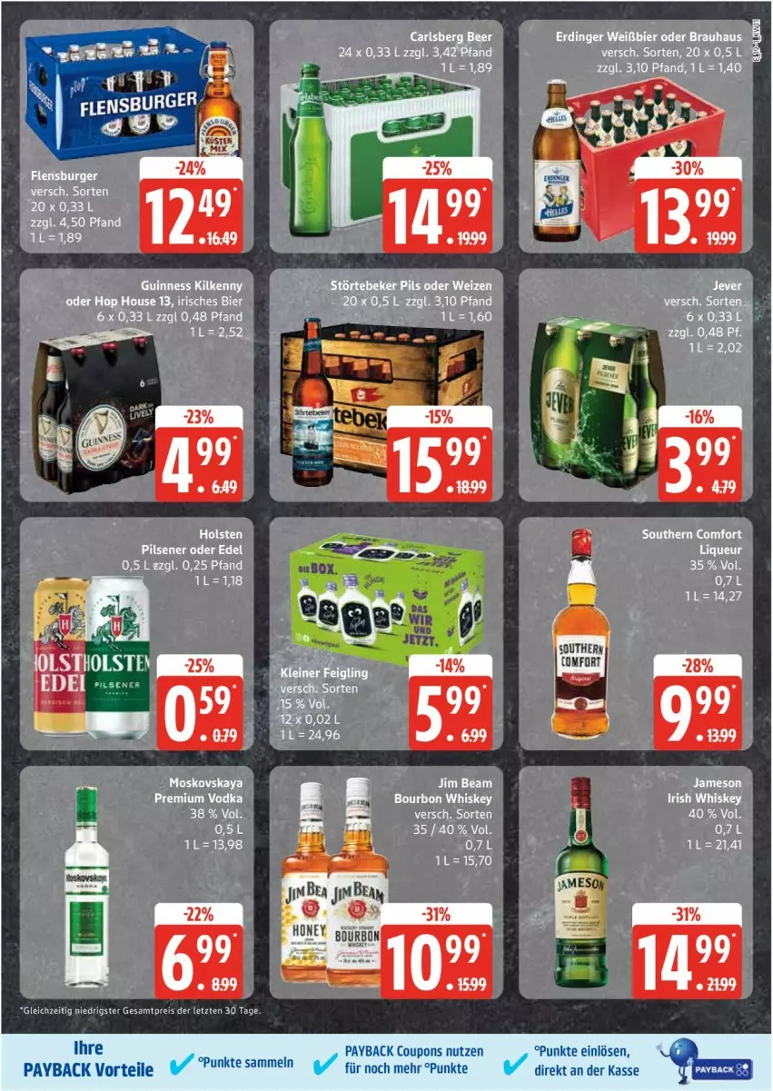 Aktueller Prospekt Edeka - Prospekte - von 10.03 bis 15.03.2025 - strona 19 - produkty: bier, bourbon, bourbon whiskey, carlsberg, carlsberg beer, coupon, coupons, eis, Guinness, jameson, jim beam, Kilkenny, liqueur, payback, premium vodka, reis, Southern Comfort, Ti, vodka, whiskey, ZTE