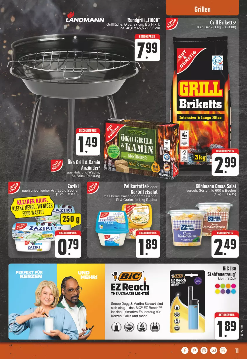 Aktueller Prospekt E Center - Angebote der Woche - von 24.04 bis 29.04.2023 - strona 11 - produkty: aktionspreis, anzünder, Becher, bio, briketts, creme, discount, eis, Feuerzeug, grill, grillfläche, gurke, Holz, kartoffel, kartoffelsalat, kerze, kühlmann, reis, sac, sahne, salat, Ti