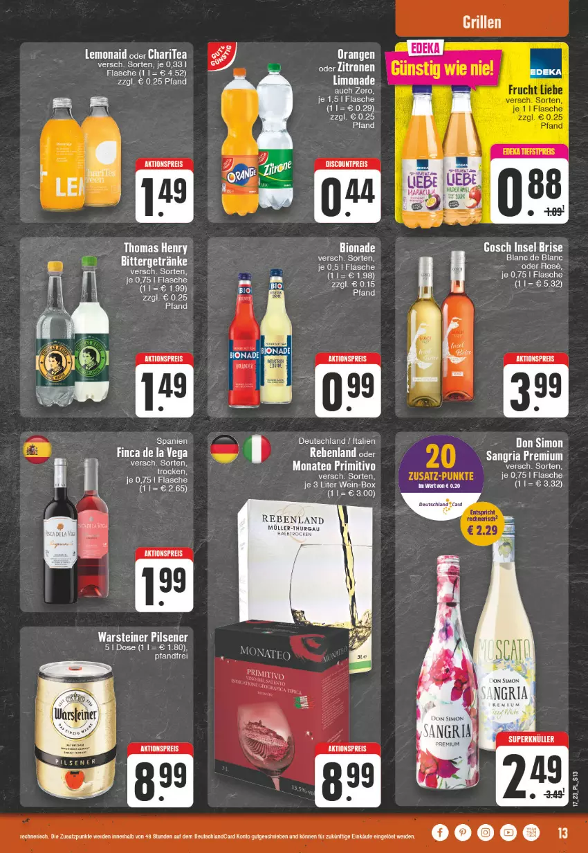 Aktueller Prospekt E Center - Angebote der Woche - von 24.04 bis 29.04.2023 - strona 13 - produkty: aktionspreis, bio, bionade, deutschland card, discount, eis, elle, erde, flasche, limo, limonade, Müller, Müller-Thurgau, pils, pilsener, primitivo, reis, Ria, sangria, sim, steiner, thomas henry, Ti, warsteiner, zitrone, zitronen