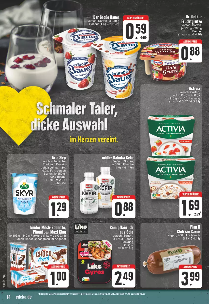 Aktueller Prospekt E Center - Angebote der Woche - von 24.04 bis 29.04.2023 - strona 14 - produkty: activia, aktionspreis, angebot, arla, arla skyr, auer, Bau, Bauer, Becher, beere, bett, chili, choco fresh, eis, erdbeere, Kefir, Kinder, Kinder Choco fresh, Müller, natur, quinoa, reis, schlauch, Skyr, soja, tee, Ti