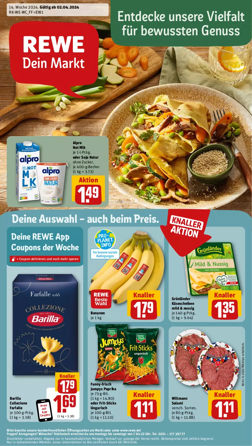 Aktueller Prospekt Rewe - Prospekte - von 02.04 bis 06.04.2024 - strona 1 - produkty: aktionspreis, alpro, banane, bananen, barilla, Becher, bio, coupon, coupons, decke, eis, farfalle, Frit-Sticks, funny-frisch, grünländer, Käse, käsescheiben, natur, nuss, paprika, reis, salami, soja, telefon, Ti, uhr, wiltmann, zucker