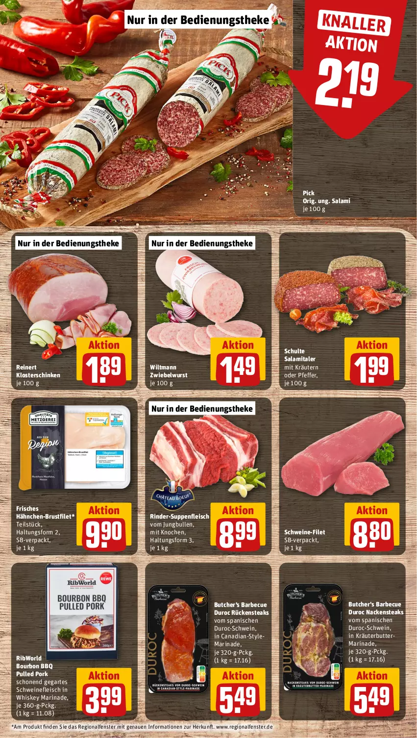 Aktueller Prospekt Rewe - Prospekte - von 02.04 bis 06.04.2024 - strona 10 - produkty: barbecue, bourbon, brustfilet, butcher's, butter, eis, fenster, filet, fleisch, hähnchen-brustfilet, jungbullen, kräuter, kräuterbutter, kräutern, marinade, Nackensteak, nackensteaks, pfeffer, Pulled Pork, reinert, rind, rinder, Rückensteak, rückensteaks, salami, schinken, schwein, schweine, schweine-filet, schweinefleisch, steak, steaks, suppe, suppen, suppenfleisch, Ti, wein, weine, whiskey, wiltmann, wurst, zwiebel