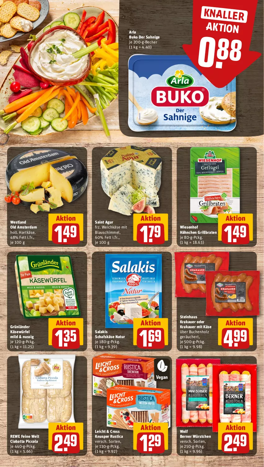 Aktueller Prospekt Rewe - Prospekte - von 02.04 bis 06.04.2024 - strona 11 - produkty: arla, arla buko, auer, Becher, braten, buch, Buko, ciabatta, cola, grill, grünländer, hartkäse, Holz, Käse, krakauer, natur, nuss, Old Amsterdam, rewe feine welt, Saint Agur, salakis, schafskäse, steinhaus, Ti, weichkäse, wiesenhof, würfel, würstchen