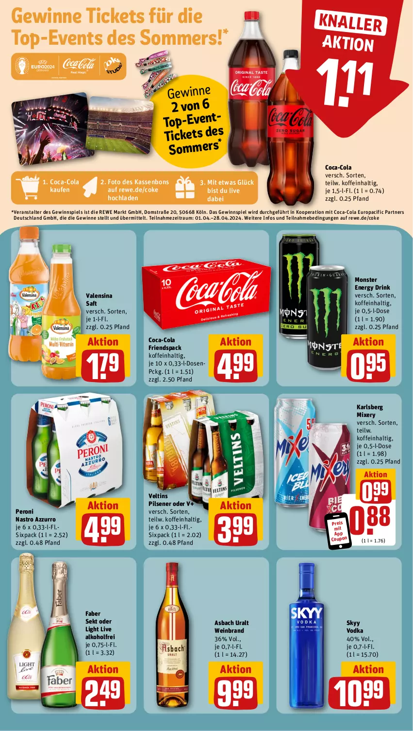 Aktueller Prospekt Rewe - Prospekte - von 02.04 bis 06.04.2024 - strona 13 - produkty: alkohol, asbach uralt, Cif, coca-cola, cola, coupon, drink, eis, energy drink, gewinnspiel, karlsberg, karlsberg mixery, Mixer, mixery, monster, Monster Energy, Peroni, pils, pilsener, reis, saft, sekt, skyy, Skyy Vodka, Ti, valensina, veltins, veltins pilsener, vodka, wein, weinbrand