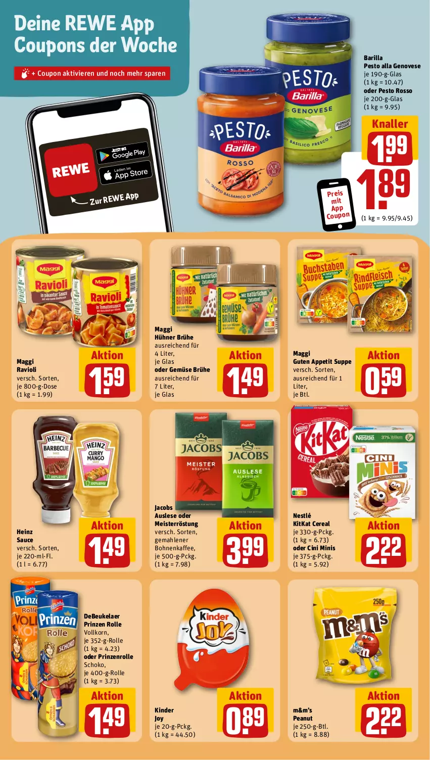 Aktueller Prospekt Rewe - Prospekte - von 02.04 bis 06.04.2024 - strona 14 - produkty: barilla, bohne, bohnen, bohnenkaffee, Brühe, cin, coupon, coupons, debeukelaer, eis, gemahlener bohnenkaffee, genovese, heinz, hühner, jacobs, kaffee, Kinder, kitkat, korn, maggi, Meister, meisterröstung, nestlé, pesto, prinzen rolle, prinzenrolle, ravioli, reis, sauce, schoko, suppe, Ti