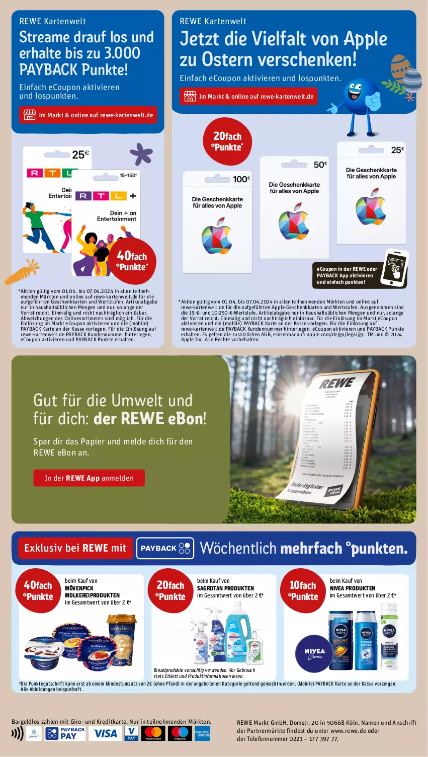 Aktueller Prospekt Rewe - Prospekte - von 02.04 bis 06.04.2024 - strona 18 - produkty: angebot, angebote, Apple, bio, biozidprodukte, coupon, eis, erde, mac, molkereiprodukte, mövenpick, nivea, papier, payback, Rauch, rwe, sagrotan, telefon, Ti