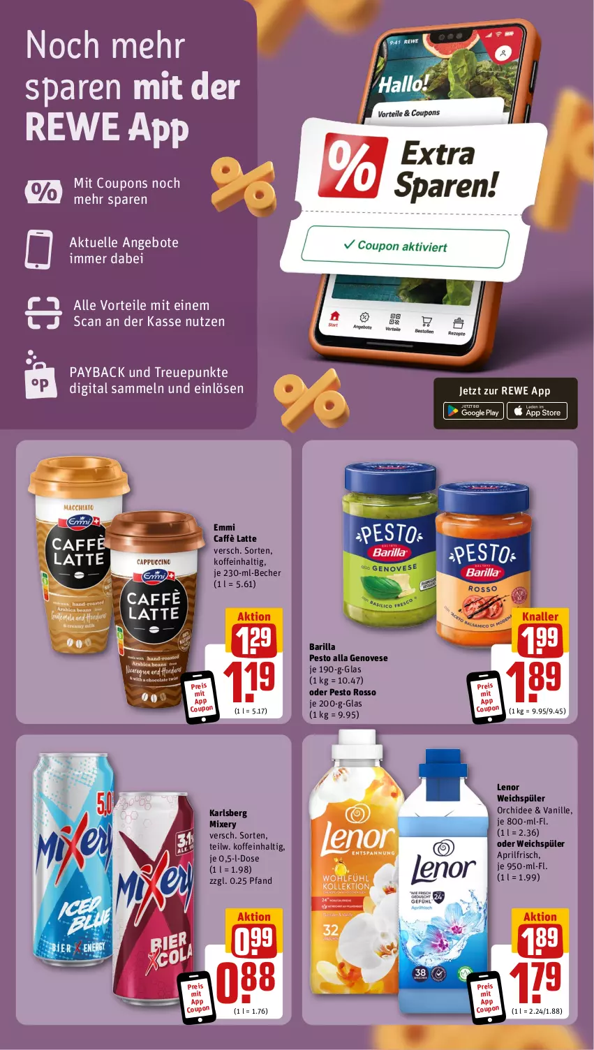 Aktueller Prospekt Rewe - Prospekte - von 02.04 bis 06.04.2024 - strona 3 - produkty: angebot, angebote, barilla, Becher, caffè latte, coupon, coupons, eis, elle, emmi, genovese, karlsberg, karlsberg mixery, latte, lenor, lenor weichspüler, Mixer, mixery, orchidee, payback, pesto, pril, reis, Ti, vanille, weichspüler