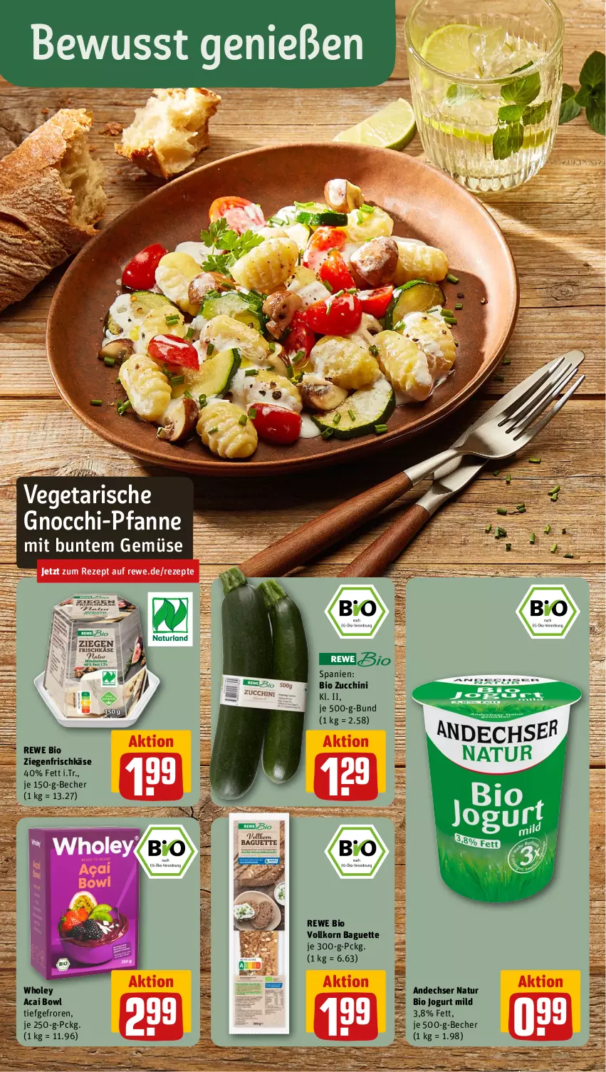 Aktueller Prospekt Rewe - Prospekte - von 02.04 bis 06.04.2024 - strona 4 - produkty: andechser natur, baguette, Becher, bio, frischkäse, gnocchi, jogurt, Käse, korn, natur, pfanne, rewe bio, rezept, rezepte, Ti, Vegeta, ziegenfrischkäse, zucchini