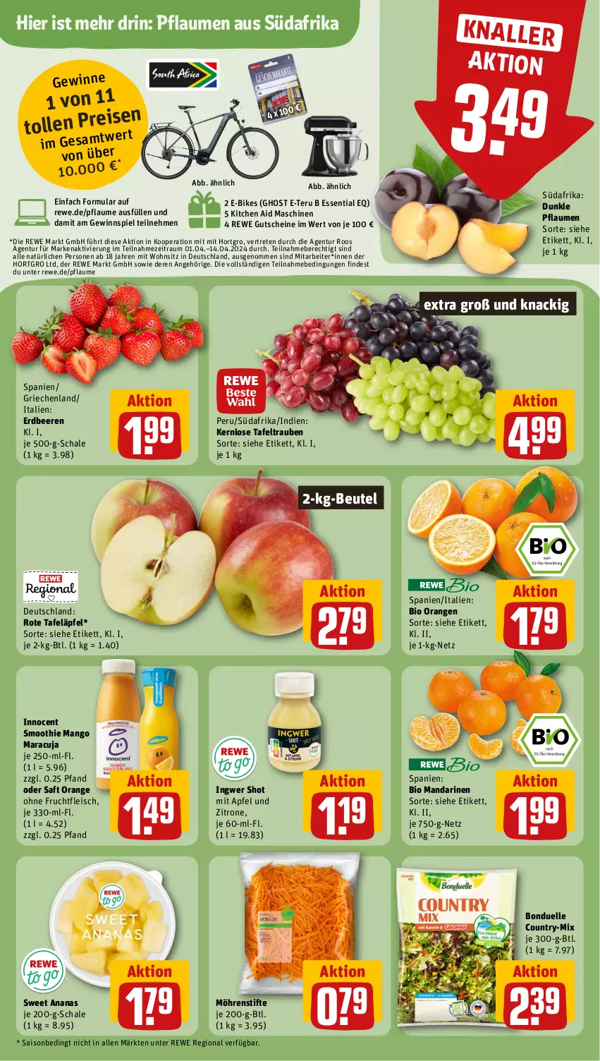 Aktueller Prospekt Rewe - Prospekte - von 02.04 bis 06.04.2024 - strona 6 - produkty: ananas, apfel, beere, beeren, beutel, bio, bonduelle, E-Bike, E-Bikes, eis, elle, erdbeere, erdbeeren, fleisch, frucht, fruchtfleisch, gewinnspiel, gutschein, gutscheine, ingwer, Innocent, mandarine, mandarinen, mango, maracuja, möhren, orange, orangen, pflaume, pflaumen, reis, rote tafeläpfel, saft, Schal, Schale, smoothie, stifte, sweet ananas, tafeläpfel, tafeltrauben, Ti, trauben, zitrone