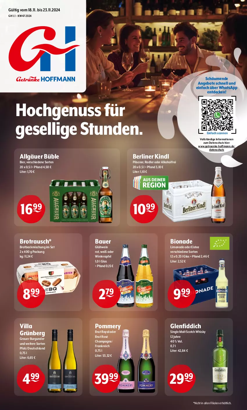 Aktueller Prospekt Getraenke Hoffmann - Prospekte - von 18.11 bis 23.11.2024 - strona 1 - produkty: alkohol, angebot, angebote, apfel, auer, backmischung, Bau, Bauer, berliner, berliner kindl, bier, bio, bionade, brot, brut, burgunder, champagne, decke, eis, eistee, Glühwein, grauer burgunder, LG, limo, limonade, nuss, pils, pilsener, radler, scotch, scotch whisky, single malt, tee, Ti, wein, whisky