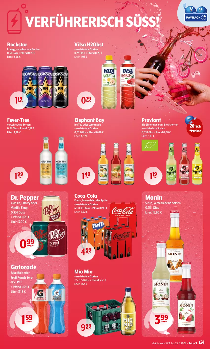 Aktueller Prospekt Getraenke Hoffmann - Prospekte - von 18.11 bis 23.11.2024 - strona 3 - produkty: bio, bio limo, coca-cola, cola, Elephant Bay, fanta, fever-tree, ice tea, lemonade, limo, limonade, Mezzo Mix, Mio Mio, monin, obst, oder sprite, Proviant, Rockstar, schorle, sirup, sprite, Ti, vilsa