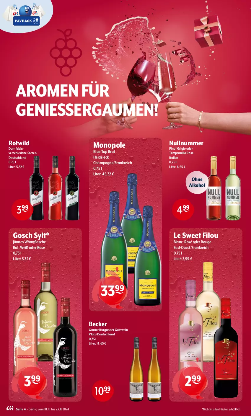 Aktueller Prospekt Getraenke Hoffmann - Prospekte - von 18.11 bis 23.11.2024 - strona 4 - produkty: alkohol, auer, brut, burgunder, champagne, dornfelder, flasche, grauer burgunder, ohne alkohol, Pinot, pinot grigio, rouge, tempranillo, Ti, wein, Wild