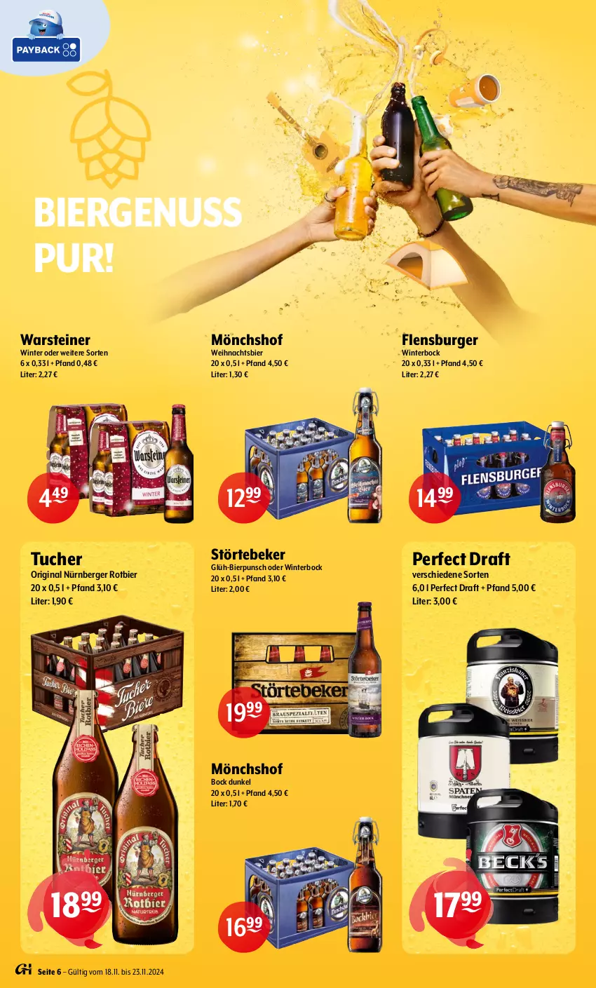 Aktueller Prospekt Getraenke Hoffmann - Prospekte - von 18.11 bis 23.11.2024 - strona 6 - produkty: Berger, bier, burger, flensburger, gin, mönchshof, nürnberger, nuss, steiner, störtebeker, Ti, tuc, Tucher, warsteiner