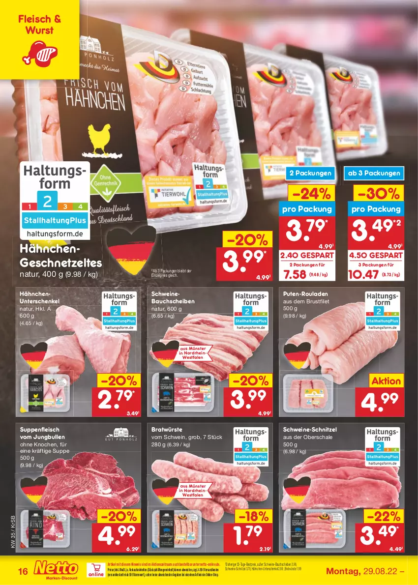 Aktueller Prospekt Netto Marken-Discount - Filial-Angebote - von 29.08 bis 03.09.2022 - strona 16 - produkty: Bau, bauchscheiben, bestpreis, brustfilet, eis, filet, fleisch, geschnetzeltes, Hähnchengeschnetzeltes, henkel, jungbullen, natur, ndk, pute, reis, rouladen, Schal, Schale, schenkel, schnitzel, schwein, schweine, schweine-bauch, schweine-bauchscheiben, schweine-schnitzel, Schweinebauch, schweinebauchscheiben, suppe, suppen, suppenfleisch, Ti, versandkostenfrei, wein, weine, wurst, Zelt