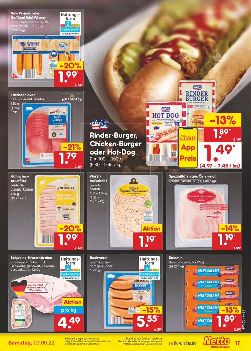 Aktueller Prospekt Netto Marken-Discount - Filial-Angebote - von 29.08 bis 03.09.2022 - strona 17 - produkty: angebot, aufschnitt, bestpreis, bockwurst, braten, brustfilet, buch, burger, eis, filet, Geflügel, hähnchenbrust, hähnchenbrustfilet, Holz, kräuter, krustenbraten, lachs, lachsschinken, natur, nuss, reis, rind, rinder, salami, schinken, schwein, schweine, snack, Spezi, Ti, wein, weine, wiener, wurst, ZTE