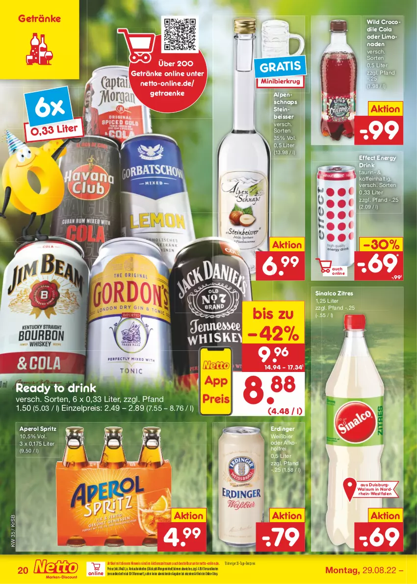 Aktueller Prospekt Netto Marken-Discount - Filial-Angebote - von 29.08 bis 03.09.2022 - strona 20 - produkty: alkohol, aperol, bestpreis, bier, cola, drink, Effect, eis, energy drink, erdinger, getränk, getränke, limo, limonade, limonaden, ndk, reis, sinalco, Ti, versandkostenfrei, Wild