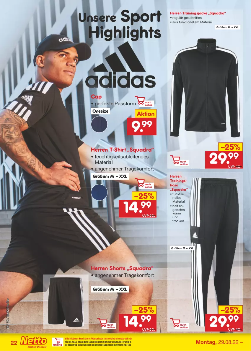 Aktueller Prospekt Netto Marken-Discount - Filial-Angebote - von 29.08 bis 03.09.2022 - strona 22 - produkty: Cap, eis, elle, hose, Jacke, ndk, quad, reis, Ria, schnitten, shirt, shorts, Sport, T-Shirt, Ti, Trainingshose, versandkostenfrei