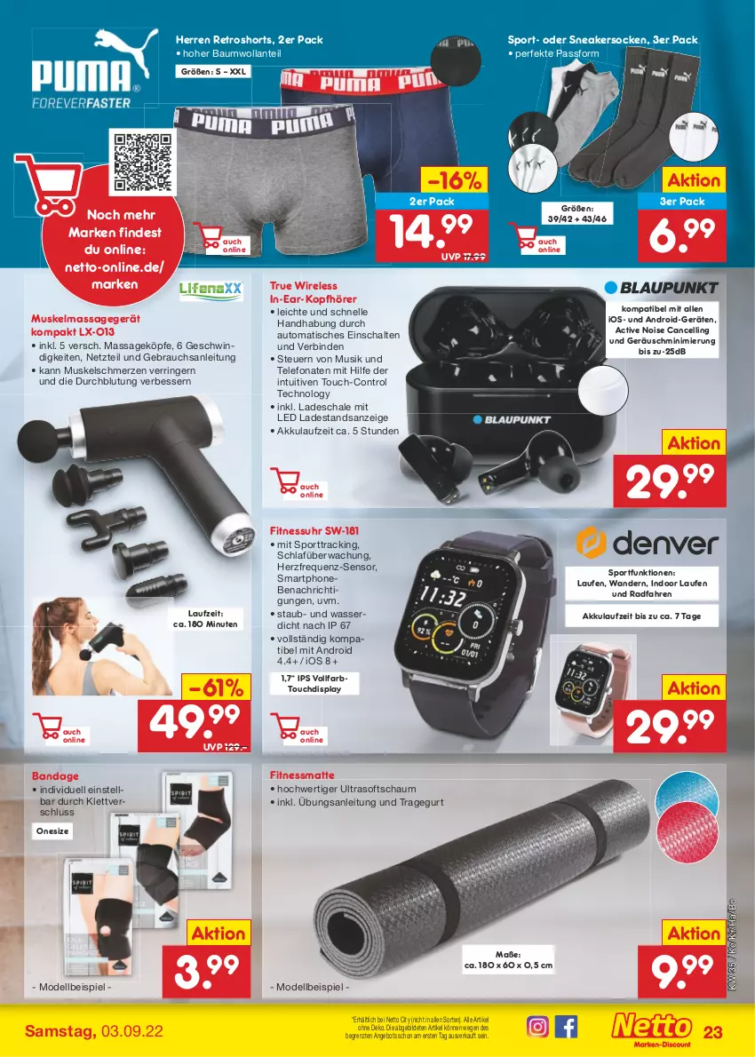 Aktueller Prospekt Netto Marken-Discount - Filial-Angebote - von 29.08 bis 03.09.2022 - strona 23 - produkty: akku, angebot, auto, Bau, binden, dell, eis, elle, in-ear-kopfhörer, kopfhörer, Laufen, Massagegerät, Mode, Rauch, rel, retroshorts, ring, Schal, Schale, shorts, smartphone, sneaker, sneakersocken, socken, Sport, telefon, Ti, tisch, uhr, wasser, ZTE