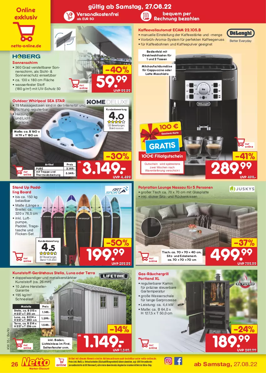 Aktueller Prospekt Netto Marken-Discount - Filial-Angebote - von 29.08 bis 03.09.2022 - strona 26 - produkty: ACC, auto, bohne, bohnen, Brei, Cap, cappuccino, chia, cin, dell, eis, elle, fenster, glasplatte, grill, gutschein, kaffee, kaffeebohnen, kaffeegenuss, kaffeevollautomat, Kamin, kissen, latte, latte macchiato, LG, mac, macchiato, milch, Mode, ndk, nuss, pool, reis, Rückenkissen, Schal, Schale, sonnenschirm, sonnenschutz, Tasche, tasse, teller, Ti, tisch, tragetasche, uv-schutz, versandkostenfrei, wasser, Whirlpool