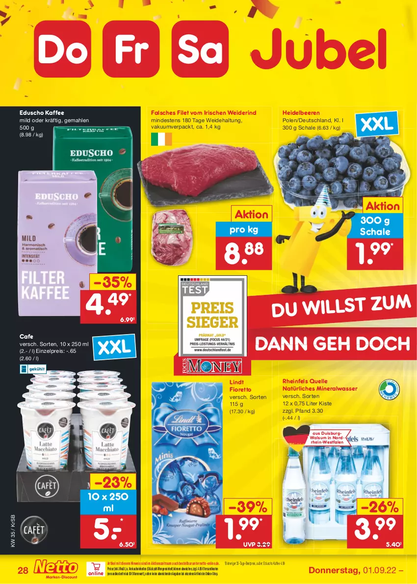 Aktueller Prospekt Netto Marken-Discount - Filial-Angebote - von 29.08 bis 03.09.2022 - strona 28 - produkty: Alwa, beere, beeren, bestpreis, eduscho, eis, elle, Falsches Filet, filet, heidelbeere, heidelbeeren, kaffee, lindt, mineralwasser, natürliches mineralwasser, ndk, reis, rheinfels quelle, rind, Schal, Schale, Ti, versandkostenfrei, wasser