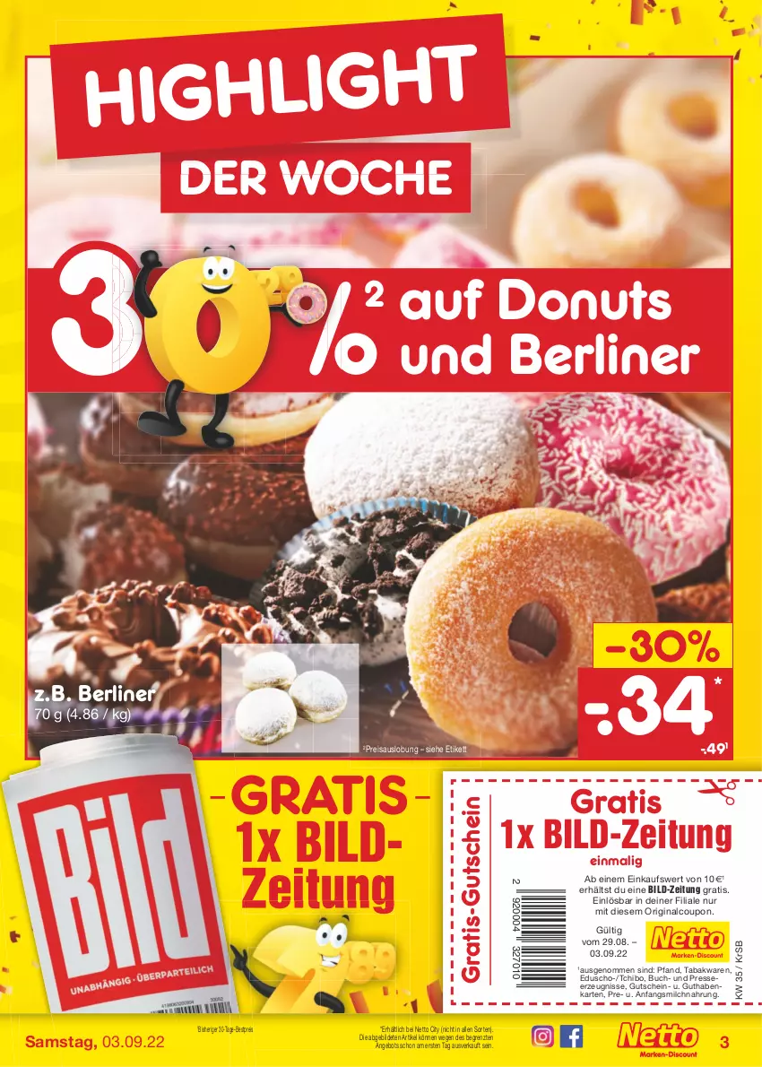 Aktueller Prospekt Netto Marken-Discount - Filial-Angebote - von 29.08 bis 03.09.2022 - strona 3 - produkty: angebot, berliner, bestpreis, buch, coupon, Donut, donuts, eduscho, eis, gin, guthabenkarte, gutschein, milch, reis, Tchibo, Ti, ZTE