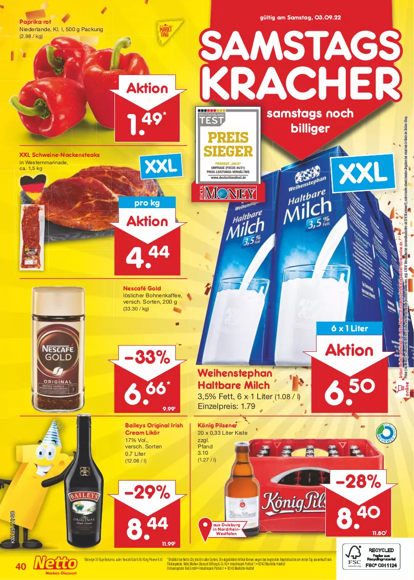 Aktueller Prospekt Netto Marken-Discount - Filial-Angebote - von 29.08 bis 03.09.2022 - strona 40 - produkty: angebot, angebote, baileys, bestpreis, bohne, bohnen, bohnenkaffee, discount, eis, gin, haltbare milch, Holz, irish cream, kaffee, könig pilsener, kracher, likör, löslicher bohnenkaffee, marinade, marken-discount, milch, Nackensteak, nackensteaks, ndk, Nescafé, nescafé gold, paprika, paprika rot, pils, pilsener, reis, schwein, schweine, steak, steaks, Ti, versandkostenfrei, weihenstephan, wein, weine, Weste, ZTE